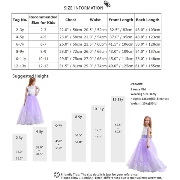 Flower Girls Lace Applique Long Pageant Bridesmaid Wedding Party Maxi Dresses Princess Communion Puffy Tulle Ball GownsLilac