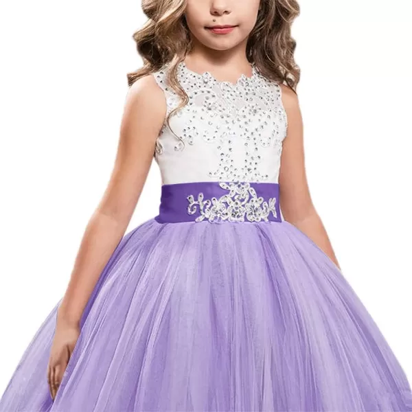 Flower Girls Lace Applique Long Pageant Bridesmaid Wedding Party Maxi Dresses Princess Communion Puffy Tulle Ball GownsPurple