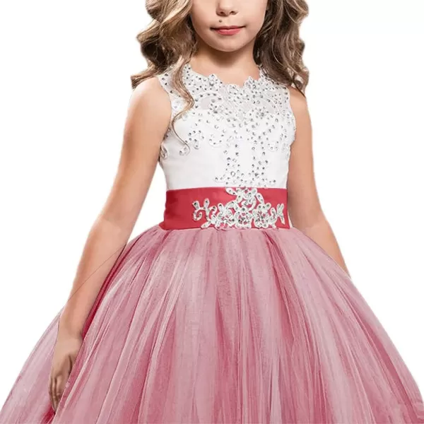 Flower Girls Lace Applique Long Pageant Bridesmaid Wedding Party Maxi Dresses Princess Communion Puffy Tulle Ball GownsRed