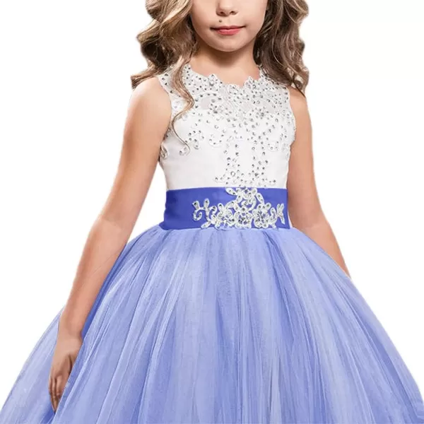 Flower Girls Lace Applique Long Pageant Bridesmaid Wedding Party Maxi Dresses Princess Communion Puffy Tulle Ball GownsRoyal Blue