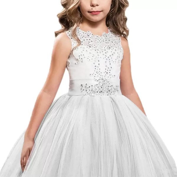 Flower Girls Lace Applique Long Pageant Bridesmaid Wedding Party Maxi Dresses Princess Communion Puffy Tulle Ball GownsWhite