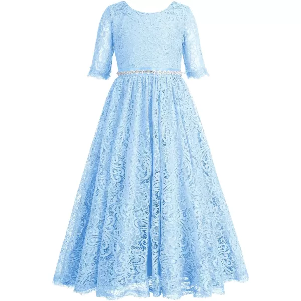 Flower Girls Lace Back Dress for Kids Wedding Bridesmaid Party Formal Gown Princess Pageant Birthday Long Tulle DressesBlue  12 Sleeve