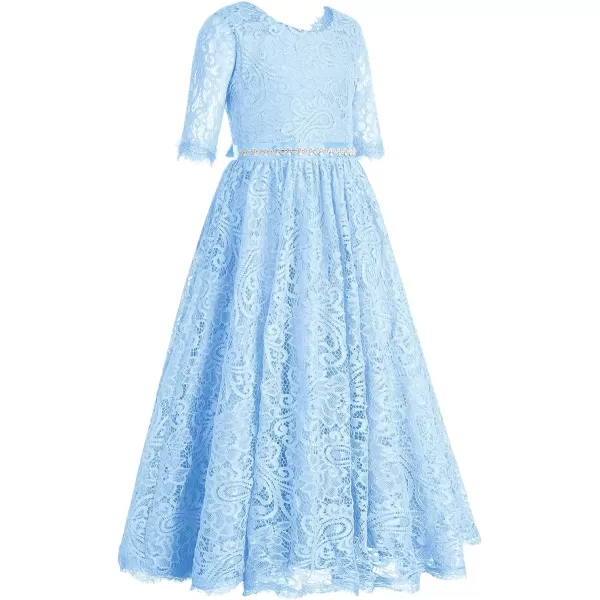 Flower Girls Lace Back Dress for Kids Wedding Bridesmaid Party Formal Gown Princess Pageant Birthday Long Tulle DressesBlue  12 Sleeve