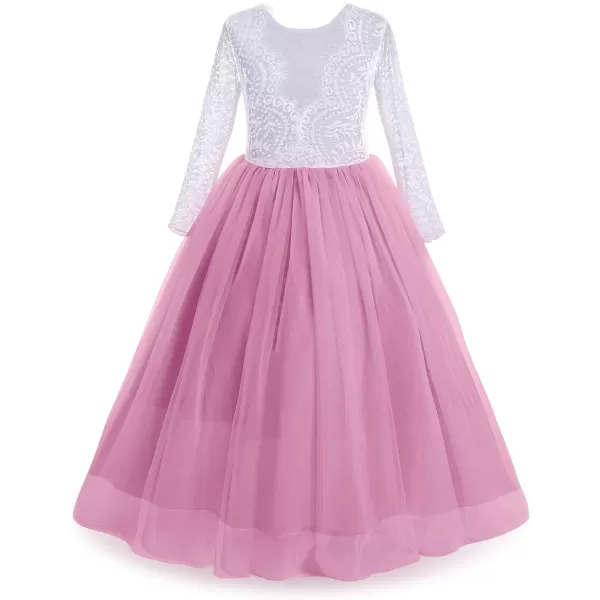 Flower Girls Lace Back Dress for Kids Wedding Bridesmaid Party Formal Gown Princess Pageant Birthday Long Tulle DressesDusty Pink