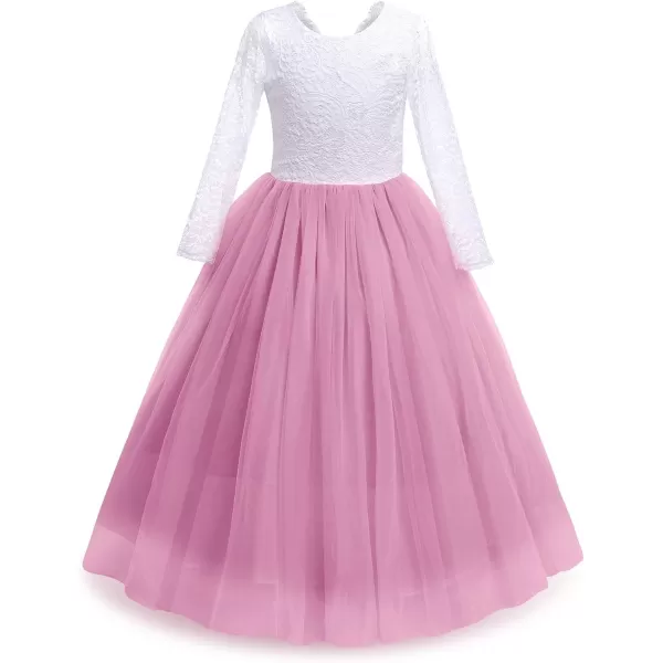 Flower Girls Lace Back Dress for Kids Wedding Bridesmaid Party Formal Gown Princess Pageant Birthday Long Tulle DressesDusty Pink