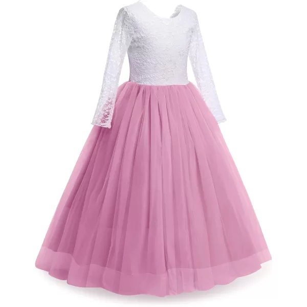 Flower Girls Lace Back Dress for Kids Wedding Bridesmaid Party Formal Gown Princess Pageant Birthday Long Tulle DressesDusty Pink