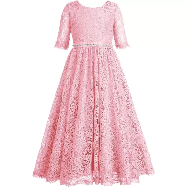 Flower Girls Lace Back Dress for Kids Wedding Bridesmaid Party Formal Gown Princess Pageant Birthday Long Tulle DressesPink  12 Sleeve