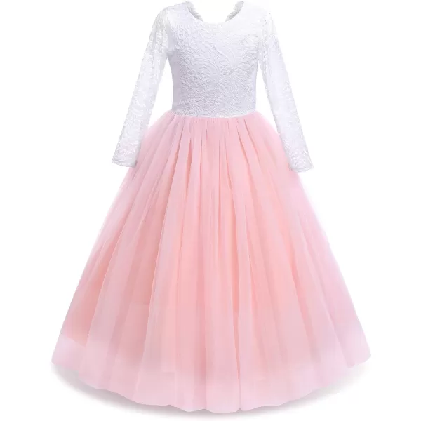 Flower Girls Lace Back Dress for Kids Wedding Bridesmaid Party Formal Gown Princess Pageant Birthday Long Tulle DressesPink