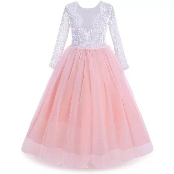 Flower Girls Lace Back Dress for Kids Wedding Bridesmaid Party Formal Gown Princess Pageant Birthday Long Tulle DressesPink