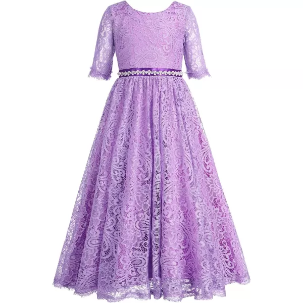 Flower Girls Lace Back Dress for Kids Wedding Bridesmaid Party Formal Gown Princess Pageant Birthday Long Tulle DressesPurple  12 Sleeve