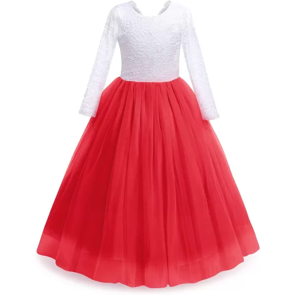 Flower Girls Lace Back Dress for Kids Wedding Bridesmaid Party Formal Gown Princess Pageant Birthday Long Tulle DressesRed