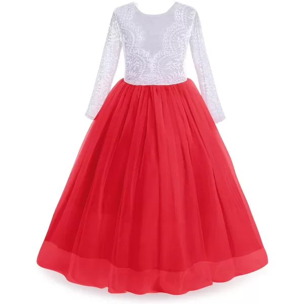 Flower Girls Lace Back Dress for Kids Wedding Bridesmaid Party Formal Gown Princess Pageant Birthday Long Tulle DressesRed