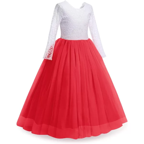 Flower Girls Lace Back Dress for Kids Wedding Bridesmaid Party Formal Gown Princess Pageant Birthday Long Tulle DressesRed