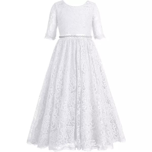 Flower Girls Lace Back Dress for Kids Wedding Bridesmaid Party Formal Gown Princess Pageant Birthday Long Tulle DressesWhite  12 Sleeves