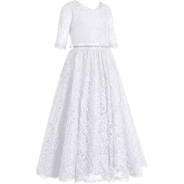 Flower Girls Lace Back Dress for Kids Wedding Bridesmaid Party Formal Gown Princess Pageant Birthday Long Tulle DressesWhite  12 Sleeves