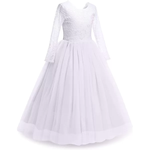 Flower Girls Lace Back Dress for Kids Wedding Bridesmaid Party Formal Gown Princess Pageant Birthday Long Tulle DressesWhite