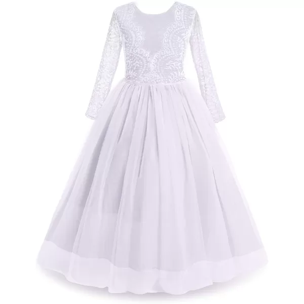 Flower Girls Lace Back Dress for Kids Wedding Bridesmaid Party Formal Gown Princess Pageant Birthday Long Tulle DressesWhite