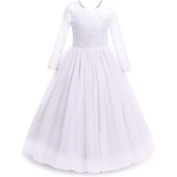 Flower Girls Lace Back Dress for Kids Wedding Bridesmaid Party Formal Gown Princess Pageant Birthday Long Tulle DressesWhite