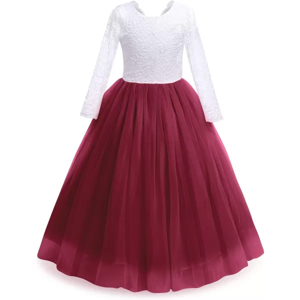 Flower Girls Lace Back Dress for Kids Wedding Bridesmaid Party Formal Gown Princess Pageant Birthday Long Tulle DressesWine Red