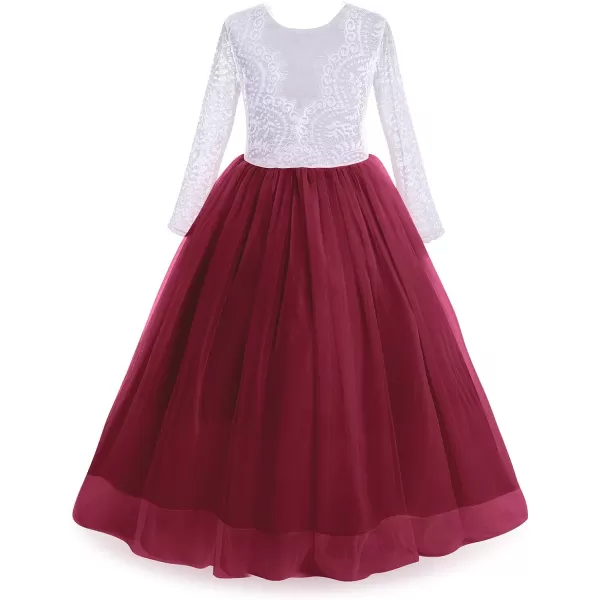 Flower Girls Lace Back Dress for Kids Wedding Bridesmaid Party Formal Gown Princess Pageant Birthday Long Tulle DressesWine Red