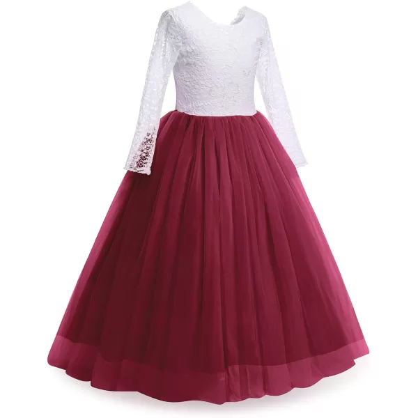 Flower Girls Lace Back Dress for Kids Wedding Bridesmaid Party Formal Gown Princess Pageant Birthday Long Tulle DressesWine Red