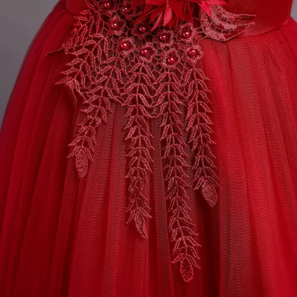 Flower Girls Lace Beaded Tutu Dress for Kids Baby Wedding Bridesmaid Pageant Party Gown Princess Puffy Tulle DressesDark Red