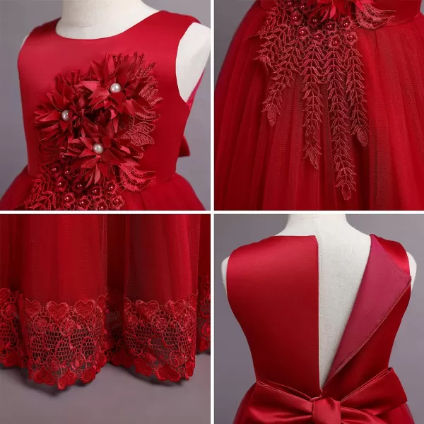 Flower Girls Lace Beaded Tutu Dress for Kids Baby Wedding Bridesmaid Pageant Party Gown Princess Puffy Tulle DressesDark Red