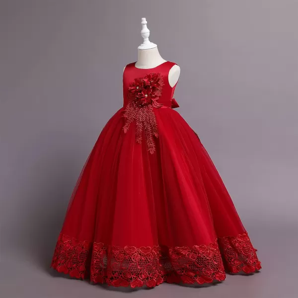 Flower Girls Lace Beaded Tutu Dress for Kids Baby Wedding Bridesmaid Pageant Party Gown Princess Puffy Tulle DressesDark Red