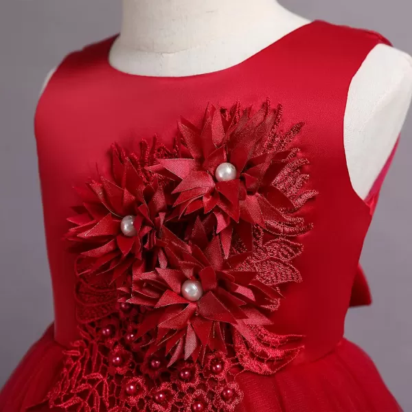 Flower Girls Lace Beaded Tutu Dress for Kids Baby Wedding Bridesmaid Pageant Party Gown Princess Puffy Tulle DressesDark Red