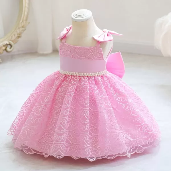 Flower Girls Lace Bowknot Tutu Dress for Kids Baby Baptism Wedding Bridesmaid First Communion Birthday Party DressesPink