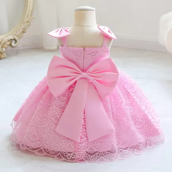 Flower Girls Lace Bowknot Tutu Dress for Kids Baby Baptism Wedding Bridesmaid First Communion Birthday Party DressesPink