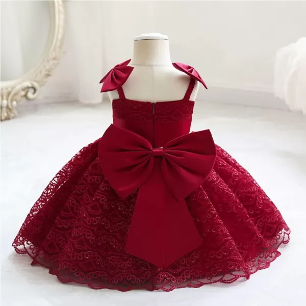 Flower Girls Lace Bowknot Tutu Dress for Kids Baby Baptism Wedding Bridesmaid First Communion Birthday Party DressesWine Red