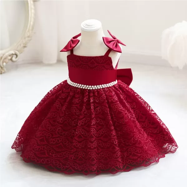 Flower Girls Lace Bowknot Tutu Dress for Kids Baby Baptism Wedding Bridesmaid First Communion Birthday Party DressesWine Red