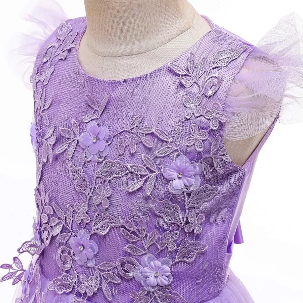 Flower Girls Lace Long Dress Bridesmaid Wedding Pageant Party Maxi Dresses Kids Prom Communion Puffy Tulle Ball GownsLight Purple