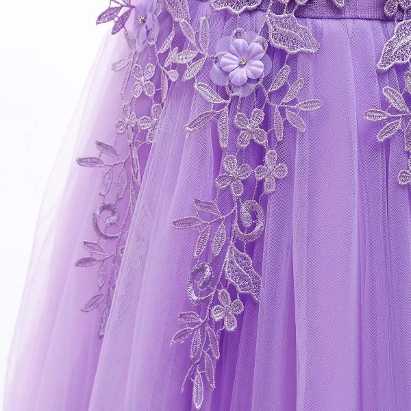 Flower Girls Lace Long Dress Bridesmaid Wedding Pageant Party Maxi Dresses Kids Prom Communion Puffy Tulle Ball GownsLight Purple