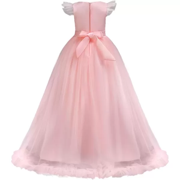Flower Girls Lace Long Dress Bridesmaid Wedding Pageant Party Maxi Dresses Kids Prom Communion Puffy Tulle Ball GownsPink