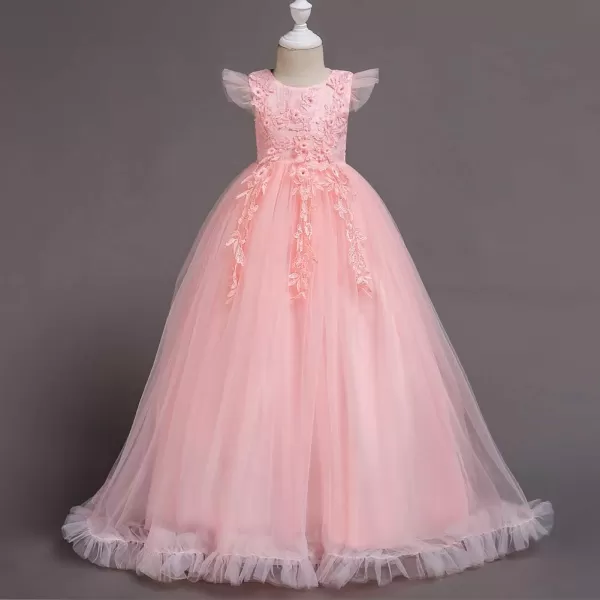 Flower Girls Lace Long Dress Bridesmaid Wedding Pageant Party Maxi Dresses Kids Prom Communion Puffy Tulle Ball GownsPink