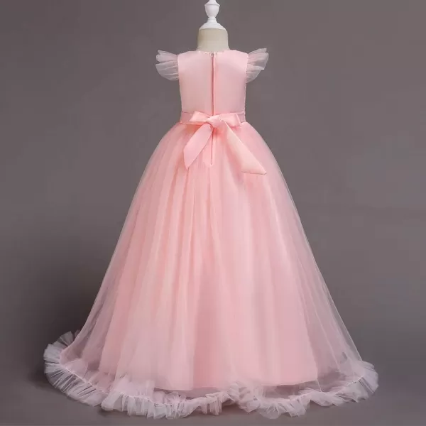 Flower Girls Lace Long Dress Bridesmaid Wedding Pageant Party Maxi Dresses Kids Prom Communion Puffy Tulle Ball GownsPink
