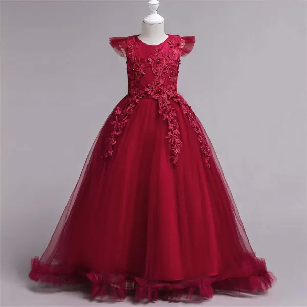 Flower Girls Lace Long Dress Bridesmaid Wedding Pageant Party Maxi Dresses Kids Prom Communion Puffy Tulle Ball GownsWine Red