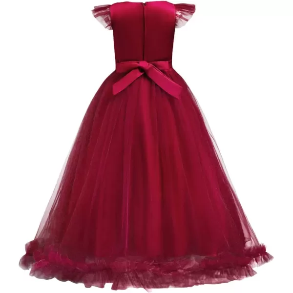 Flower Girls Lace Long Dress Bridesmaid Wedding Pageant Party Maxi Dresses Kids Prom Communion Puffy Tulle Ball GownsWine Red