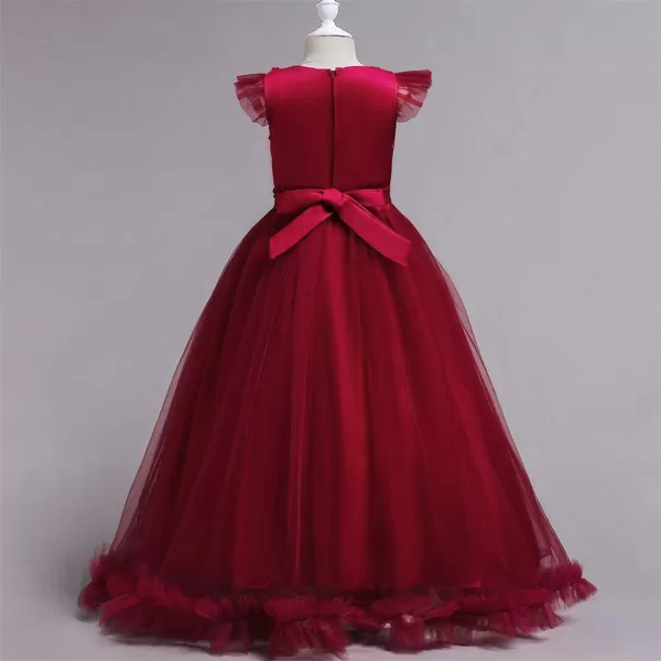 Flower Girls Lace Long Dress Bridesmaid Wedding Pageant Party Maxi Dresses Kids Prom Communion Puffy Tulle Ball GownsWine Red