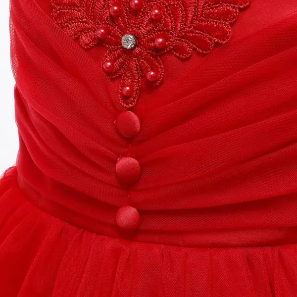Flower Girls Long Princess Dress Beaded Lace Maxi Gown for Kids Wedding Bridesmaid Communion Party Puffy Tulle DressesRed
