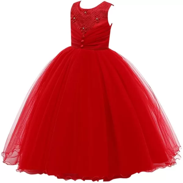Flower Girls Long Princess Dress Beaded Lace Maxi Gown for Kids Wedding Bridesmaid Communion Party Puffy Tulle DressesRed