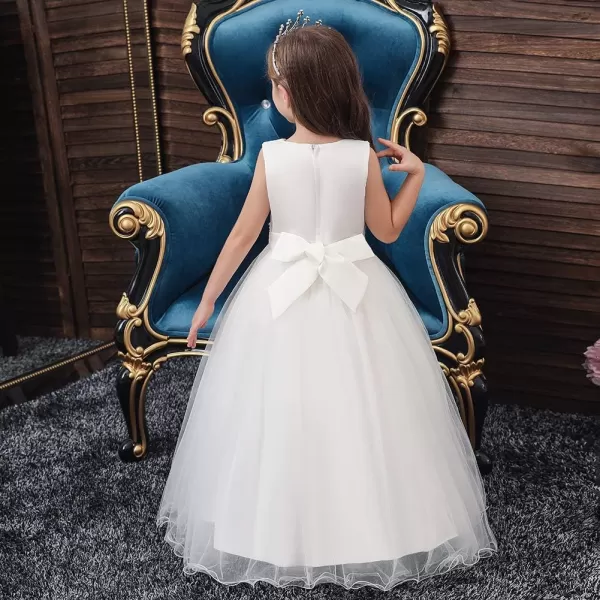 Flower Girls Long Princess Dress Beaded Lace Maxi Gown for Kids Wedding Bridesmaid Communion Party Puffy Tulle DressesWhite