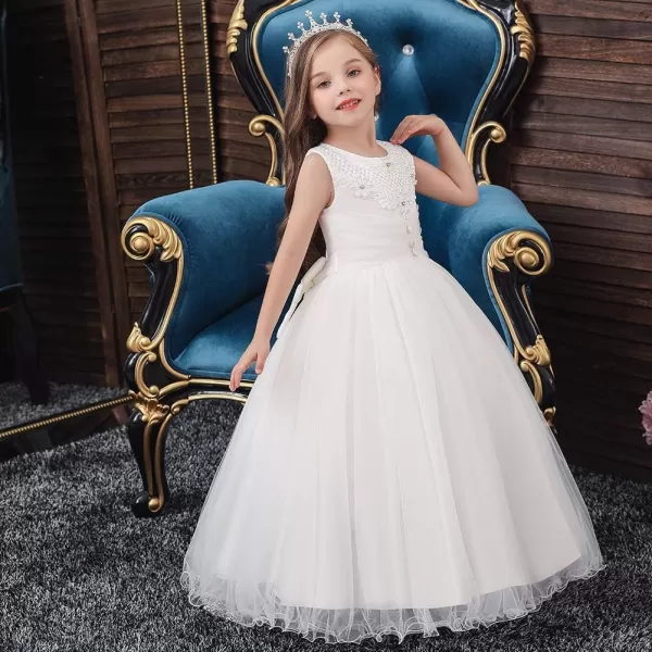 Flower Girls Long Princess Dress Beaded Lace Maxi Gown for Kids Wedding Bridesmaid Communion Party Puffy Tulle DressesWhite