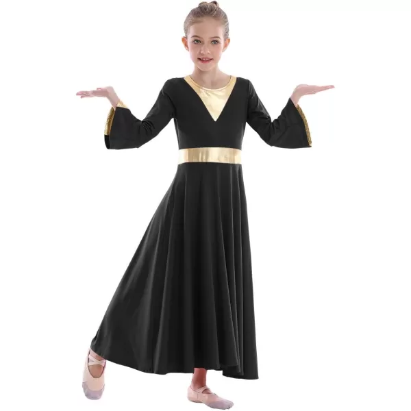 Girls Bell Long Sleeve Praise Dance Dress Metallic Belt Liturgical Lyrical Church Dancewear Worship Costume for KidsBlack