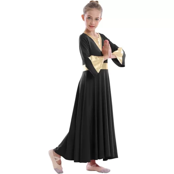 Girls Bell Long Sleeve Praise Dance Dress Metallic Belt Liturgical Lyrical Church Dancewear Worship Costume for KidsBlack