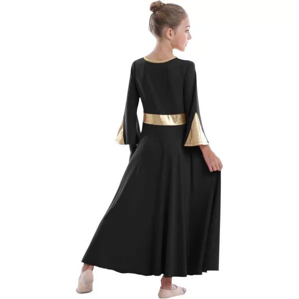 Girls Bell Long Sleeve Praise Dance Dress Metallic Belt Liturgical Lyrical Church Dancewear Worship Costume for KidsBlack