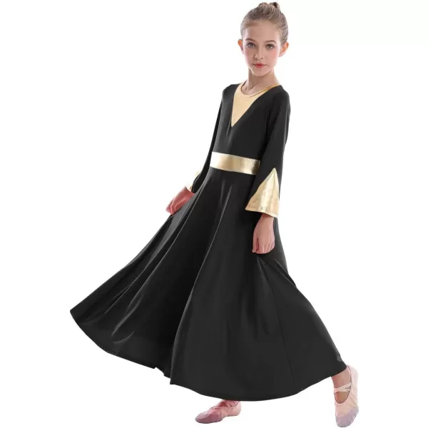 Girls Bell Long Sleeve Praise Dance Dress Metallic Belt Liturgical Lyrical Church Dancewear Worship Costume for KidsBlack