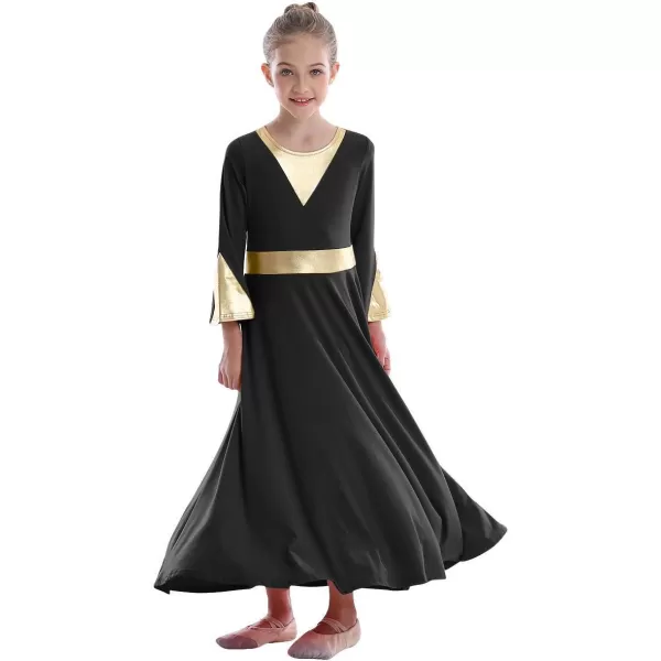 Girls Bell Long Sleeve Praise Dance Dress Metallic Belt Liturgical Lyrical Church Dancewear Worship Costume for KidsBlack